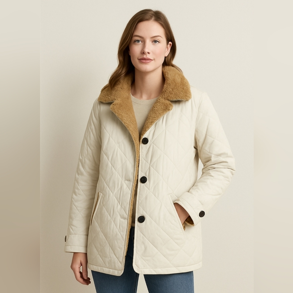 Women White and Tan Coat Size Large But Fit To Small & Medium